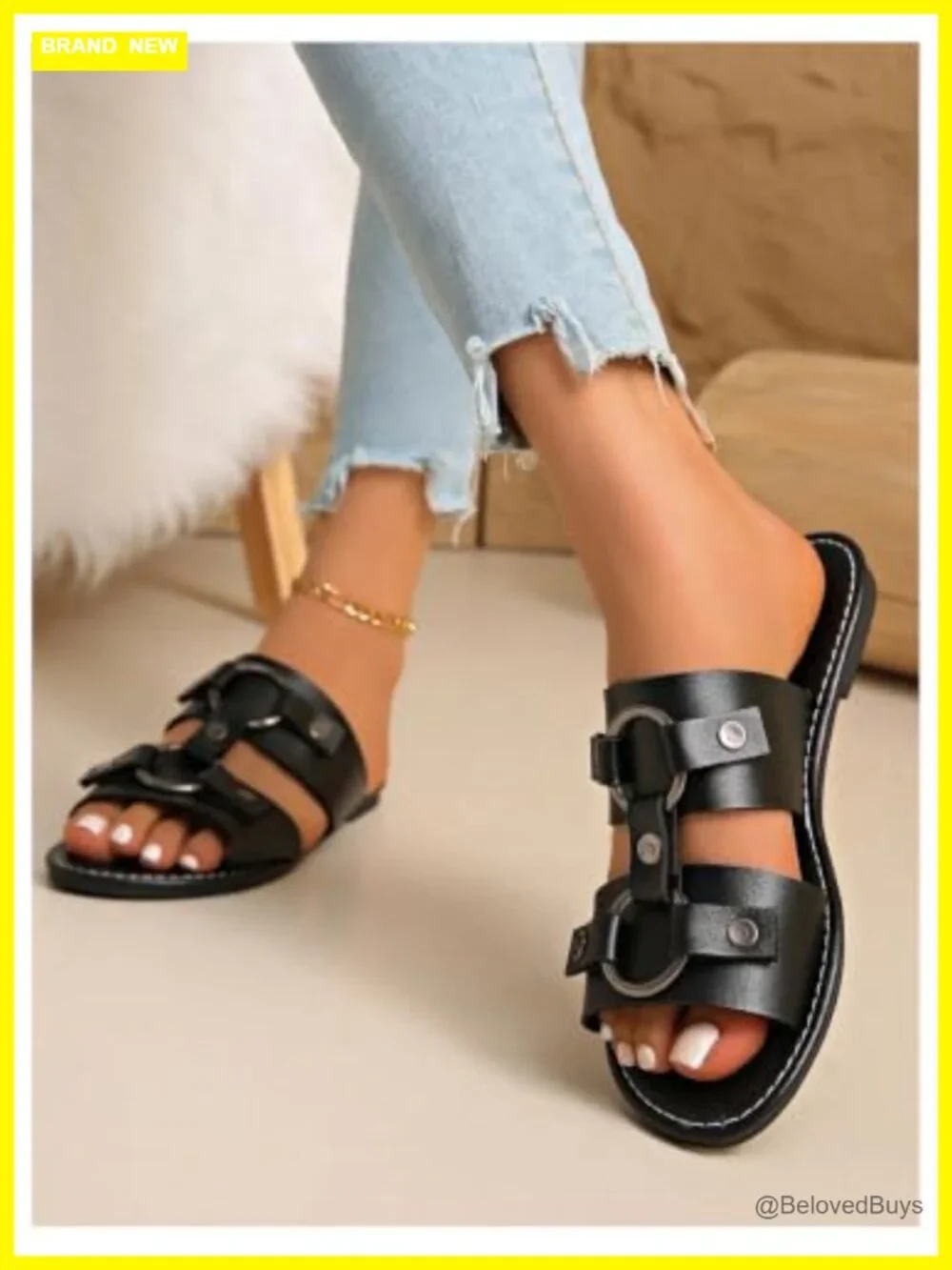 Faux Leather Ring Buckle Flat Sandals Open Toe Wide Strap Slide